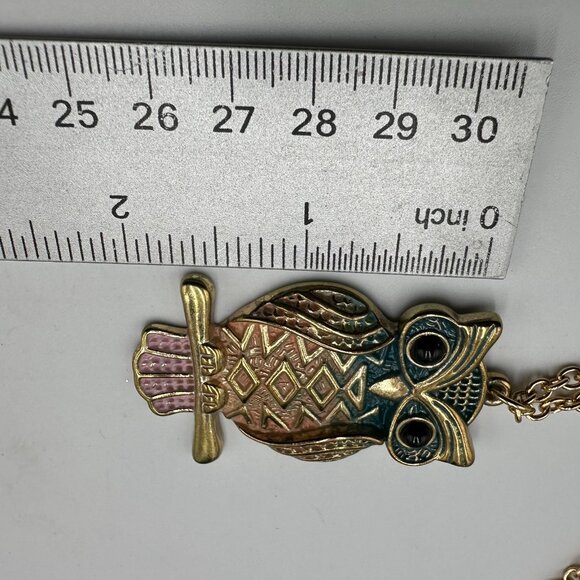 3/$30 Owl Pendant Necklace Gold Tone Multicolored Enamel Geometric Long Chain - Picture 10 of 12
